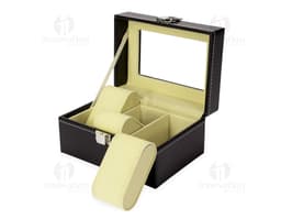 Porta-Relógios de madeira com capacidade para armazenar até 6 relógios. Configuração de cor mogno, com acabamento elegante e