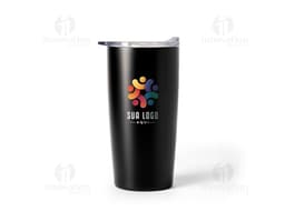 Produto: Copo Térmico 590ml em aço inoxidável, na cor preta, com tampa rosqueável e alça para segurar.