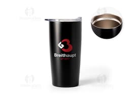 Produto: Copo Térmico 590ml em aço inoxidável, na cor preta, com tampa rosqueável e alça para segurar.