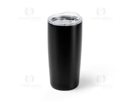 Produto: Copo Térmico 590ml em aço inoxidável, na cor preta, com tampa rosqueável e alça para segurar.