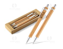 Conjunto de esferográfica com escrita em azul e lapiseira em bambu