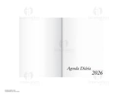 Agenda diária para o ano de 2026, com capa em couro marrom e fecho de elástico preto. Páginas internas em papel branco com