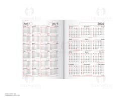 Agenda diária para o ano de 2026, com capa em couro marrom e fecho de elástico preto. Páginas internas em papel branco com