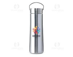 Garrafa térmica de cor prata com tampa de rosca e alça para transporte, em fundo branco.