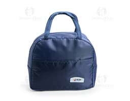 Bolsa térmica de 5 litros, na cor azul marinho, com alça e fecho lateral.