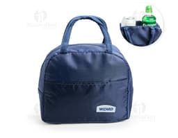 Bolsa térmica de 5 litros, na cor azul marinho, com alça e fecho lateral.
