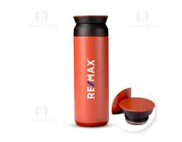 Garrafa térmica de 470ml em metal, de cor amarela, com tampa de rosca.