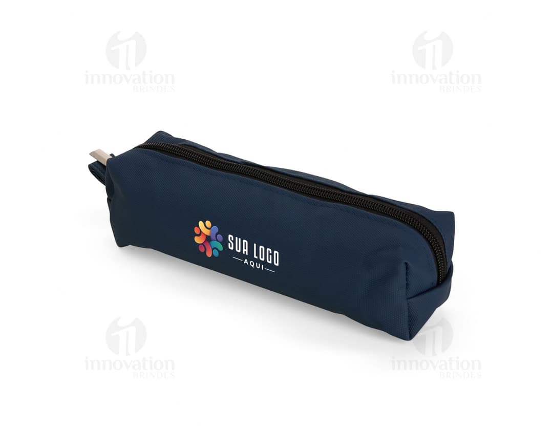 Estojo em couro sintético preto, com suporte para cabeça, dispositivo de descanso, fecho em zíper, simbolo de negócios