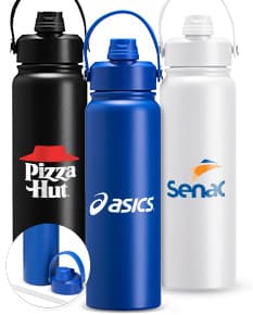 Garrafa térmica de 800ml em metal prateado, com tampa e design clean. Perfeita para manter a temperatura da bebida, seja água