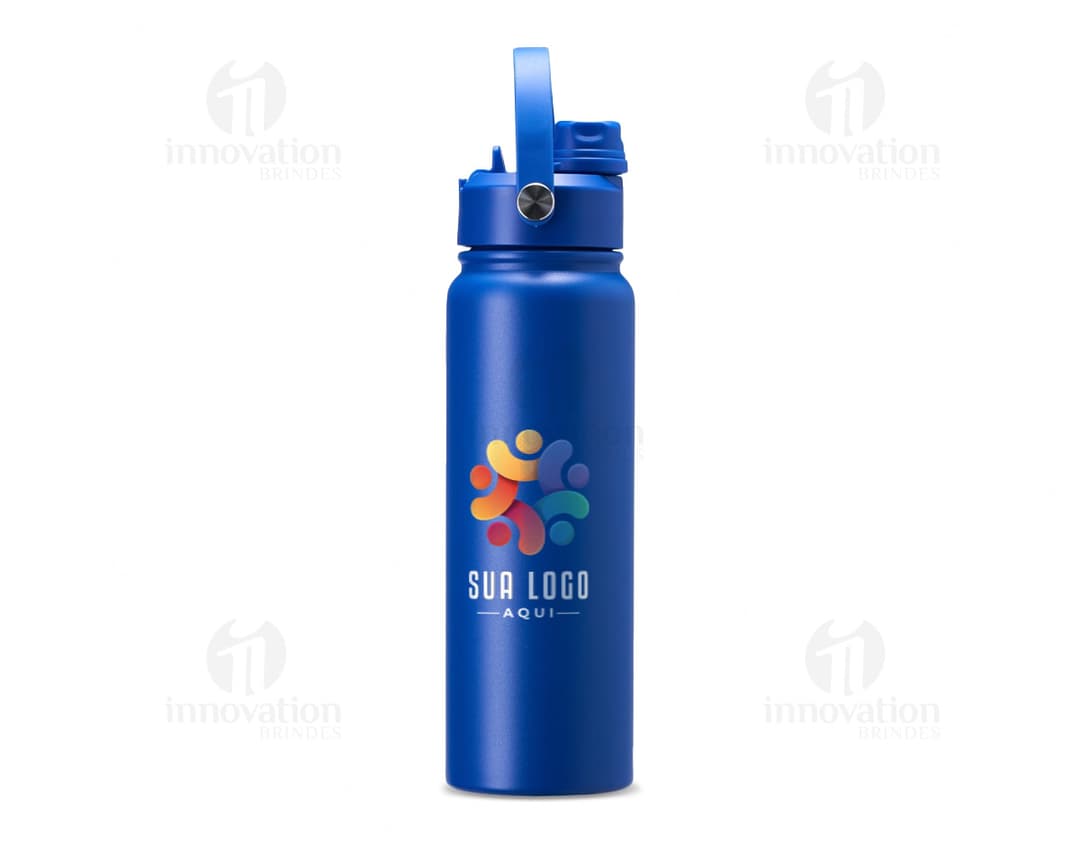 Garrafa térmica de 800ml em metal prateado, com tampa e design clean. Perfeita para manter a temperatura da bebida, seja água