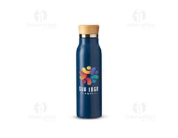Garrafa térmica de 600ml transparente com tampa amarela, contendo líquido. A garrafa está em cima de uma mesa, com reflexo