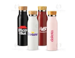 Garrafa térmica de 600ml transparente com tampa amarela, contendo líquido. A garrafa está em cima de uma mesa, com reflexo