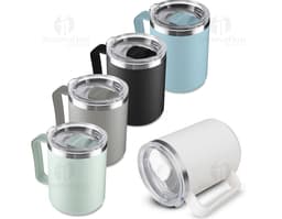 Caneca de plástico PP conservada, com tampa de metal e liquidificador de aço. A caneca está vazia e possui um design em preto