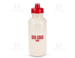 Garrafa de plástico transparente com tampa e bico, contendo líquido. Produto Squeeze Ecológico 500ml.
