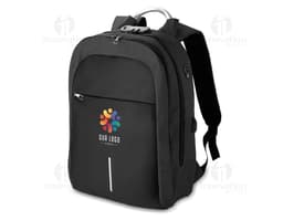 Mochila preta em poliéster 300D para notebook, com alças de couro, zíperes, bolsos e compartimentos para guardar equipamentos
