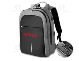 Mochila preta em poliéster 300D para notebook, com alças de couro, zíperes, bolsos e compartimentos para guardar equipamentos
