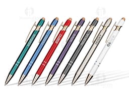 Caneta de metal touch colorida em tons de rosa, laranja e amarelo, feita para escrita e desenho, com ponta fina e afiada.