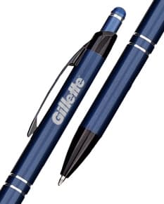 Caneta de metal com ponta de toque, ideal para escrita em papel, documentos e notas. Possui design elegante e detalhes em