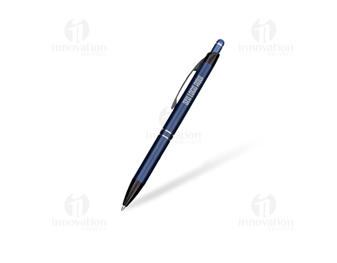 Caneta de metal com ponta de toque, ideal para escrita em papel, documentos e notas. Possui design elegante e detalhes em