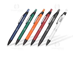 Caneta de metal com ponta de toque, ideal para escrita em papel, documentos e notas. Possui design elegante e detalhes em