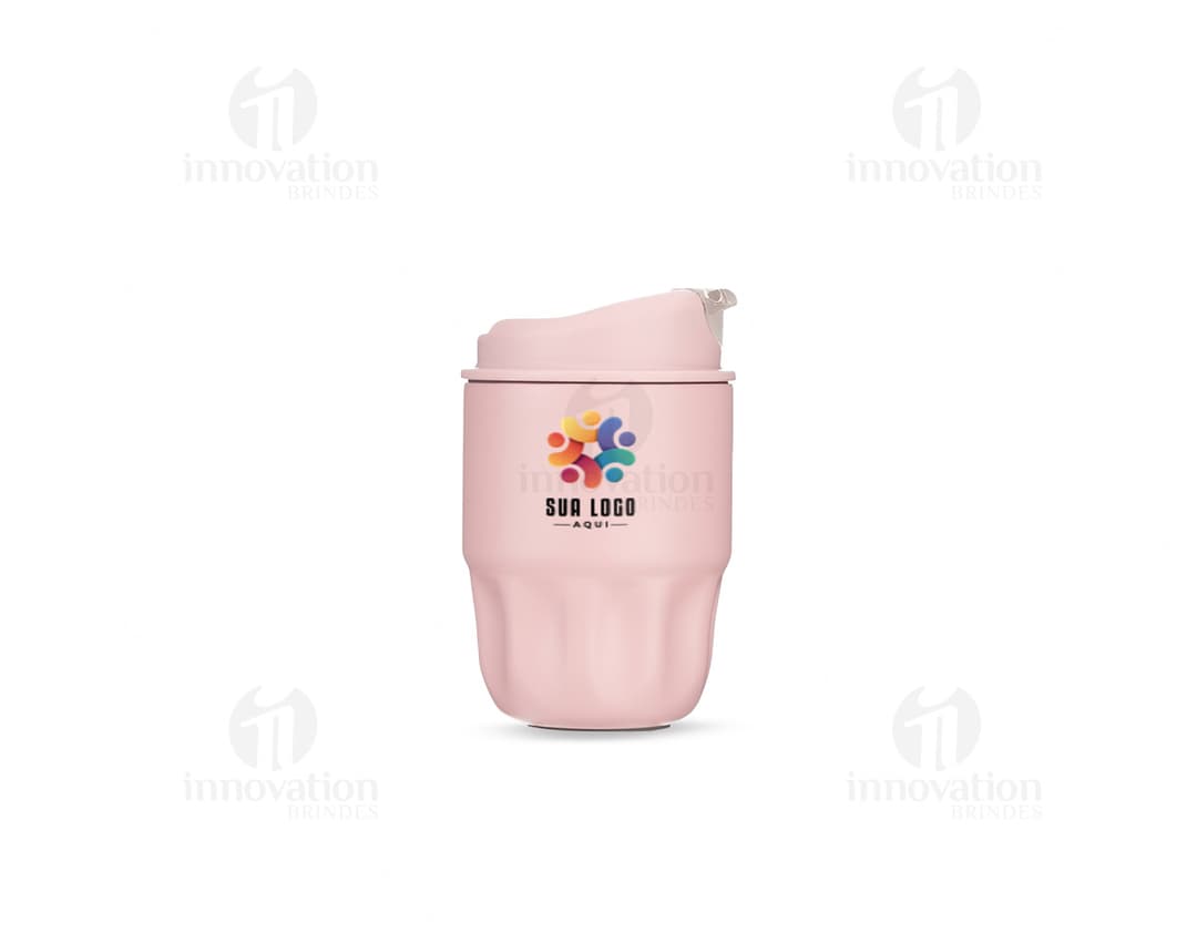 Copo térmico de 250ml, feito de metal e plástico, com tampa e design moderno. Perfeito para manter sua bebida quente ou fria
