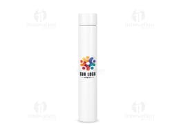 Garrafa de aço inoxidável de 250ml com design moderno e metálico. Equipamento de higiene com dispenser de sabonete líquido