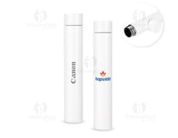 Garrafa de aço inoxidável de 250ml com design moderno e metálico. Equipamento de higiene com dispenser de sabonete líquido