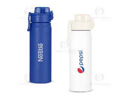 Garrafa térmica de 680ml em metal prateado, com tampa e design clean. Ideal para líquidos quentes ou frios.