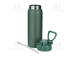 Garrafa térmica de 680ml em metal prateado, com tampa e design clean. Ideal para líquidos quentes ou frios.