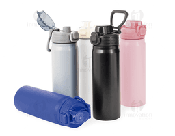Garrafa térmica de 680ml em metal prateado, com tampa e design clean. Ideal para líquidos quentes ou frios.