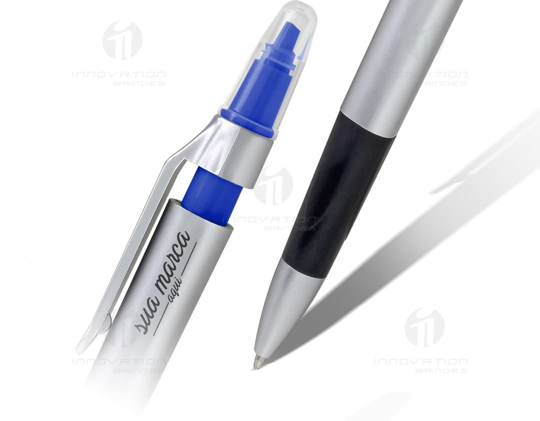 Caneta plástica de alta qualidade com marca texto integrado, perfeita para escrita e marcação de documentos. Ideal para uso