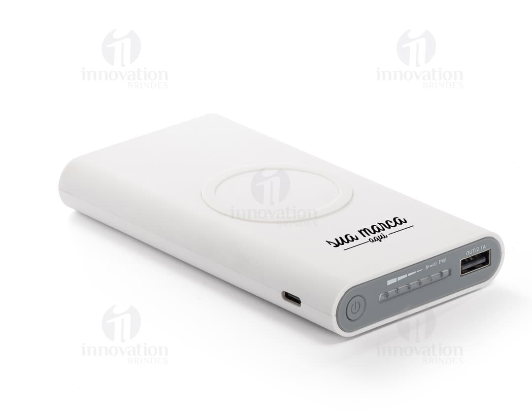 Power bank wireless 11000mAh com design moderno e tecnologia avançada. Perfeito para carregar dispositivos eletrônicos como