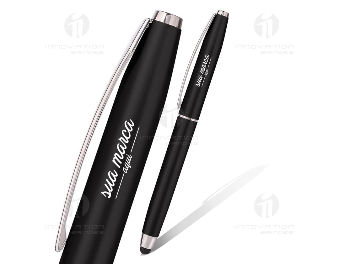 Caneta plástica com touch - 09: Escreva com estilo e precisão utilizando essa caneta versátil e moderna. Perfeita para uso no