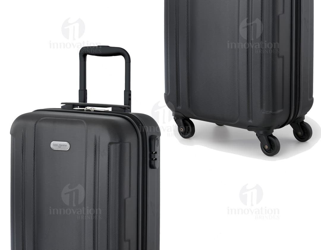 Mala de viagem preta em 3D, moderna e vazia, feita de couro e metal, com alça, design elegante, botão de fechamento e estilo