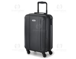 Mala de viagem preta em 3D, moderna e vazia, feita de couro e metal, com alça, design elegante, botão de fechamento e estilo