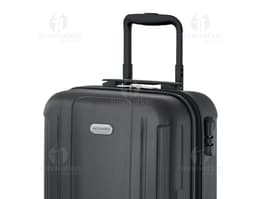 Mala de viagem preta em 3D, moderna e vazia, feita de couro e metal, com alça, design elegante, botão de fechamento e estilo