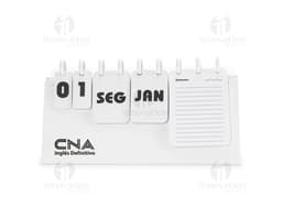 Notebook preto exibindo um Calendário Permanente de Mesa Disco em 3D, em um ambiente de negócios. O equipamento de tecnologia