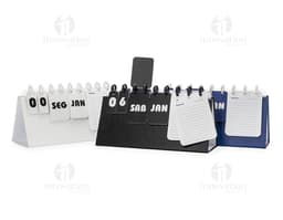 Notebook preto exibindo um Calendário Permanente de Mesa Disco em 3D, em um ambiente de negócios. O equipamento de tecnologia
