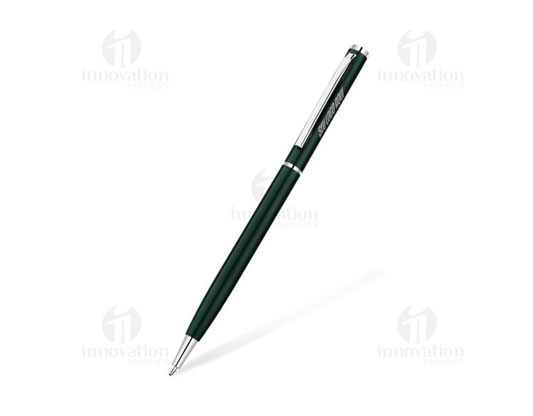 Caneta metálica de cor preta, utilizada para escrever ou desenhar em papéis. Ideal para uso em escritórios, escolas ou em
