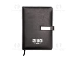 Notebook de couro sintético preto, ideal para negócios. Possui papel em branco, case para guardar dinheiro, documentos e