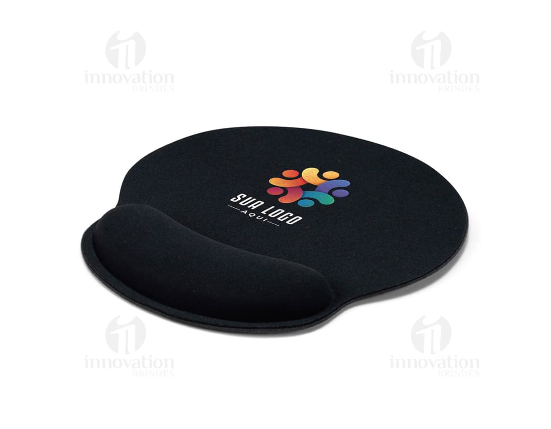 Mouse Pad Ergonômico preto em formato circular, feito de metal, com design moderno. Ideal para uso profissional e jogos de