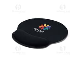 Mouse Pad Ergonômico preto em formato circular, feito de metal, com design moderno. Ideal para uso profissional e jogos de