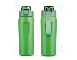 Garrafa térmica de 550ml em metal prateado, com tampa e alça. Objeto vazio e transparente, ideal para manter líquidos quentes
