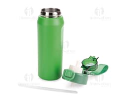 Garrafa térmica de 550ml em metal prateado, com tampa e alça. Objeto vazio e transparente, ideal para manter líquidos quentes