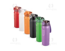 Garrafa térmica de 550ml em metal prateado, com tampa e alça. Objeto vazio e transparente, ideal para manter líquidos quentes