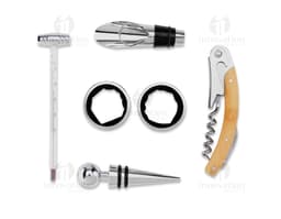 Kit Vinho 6 Peças: um conjunto de equipamentos de metal e madeira, incluindo um saca-rolhas, um cortador de lacre, um