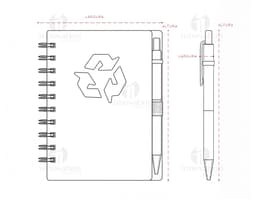 Caderno ecológico com caneta sobre uma mesa de escritório, ao lado de um papel em branco, uma mensagem escrita, um objeto de