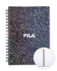 Caderno com capa holográfica e pauta, design moderno e colorido. Decorado com elementos gráficos e texturas criativas.