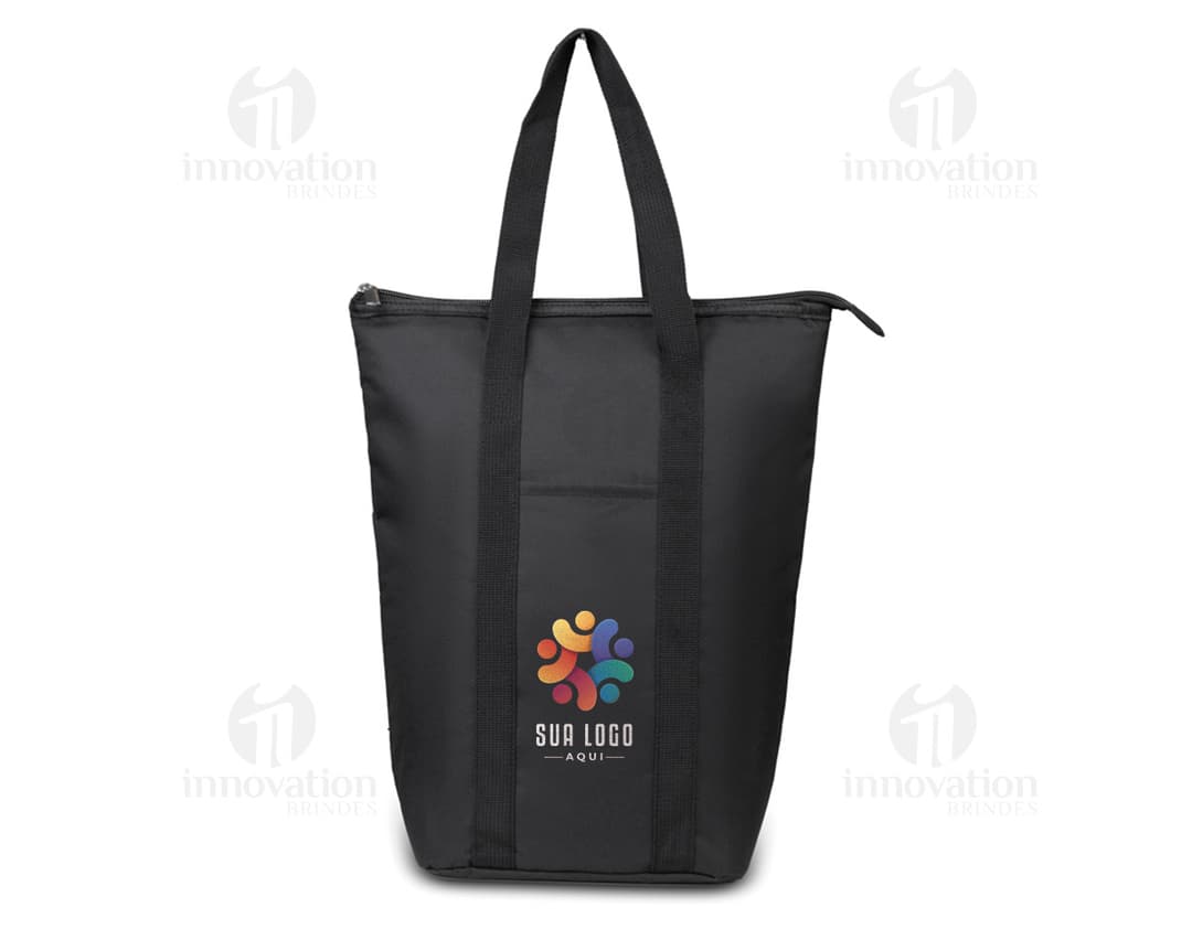 Bolsa térmica preta e marrom, de estilo moderno e elegante, com alça de couro e zíper. Ideal para viagens ou compras