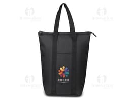 Bolsa térmica preta e marrom, de estilo moderno e elegante, com alça de couro e zíper. Ideal para viagens ou compras